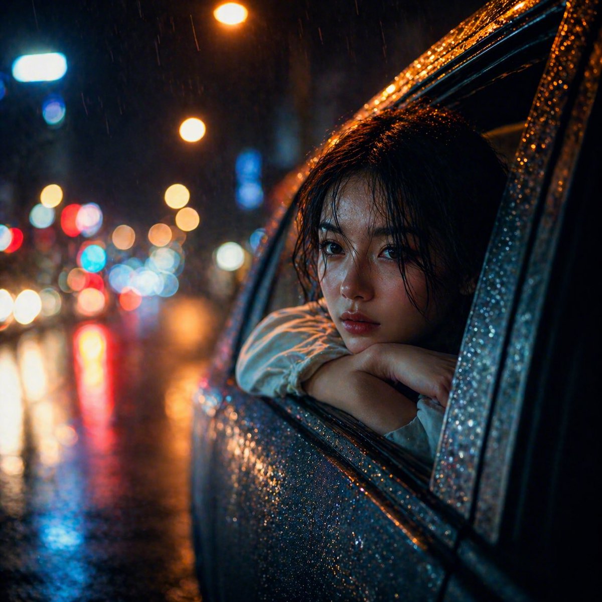Profile / Avatar - Rainy Night Woman Leaning from Car