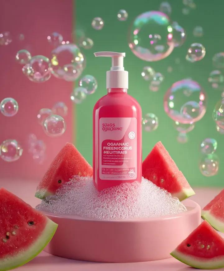 E-commerce Main Image - Skincare product advertisement with watermelon and bubbles